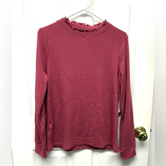 Clover Pink Top, Long Sleeves, Ribbing, High Ruffle Neck, Women's Size L - Picture 1 of 7